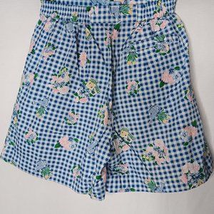 Vintage Eagles Eye Womens M Shorts Blue Plaid Flower Garden Pleated Bow